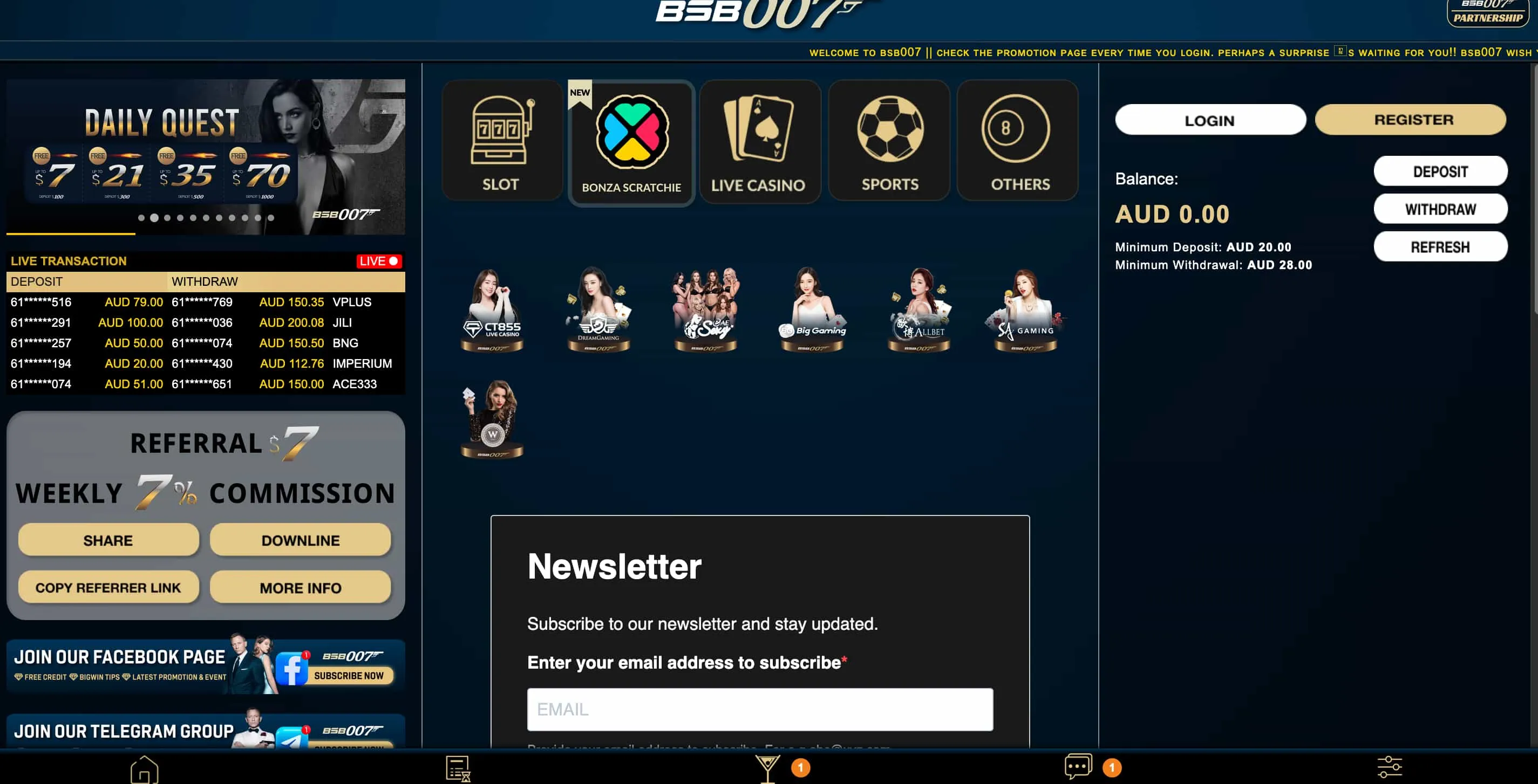 Games at BSB007: Pokies, Live Dealer and Jackpots